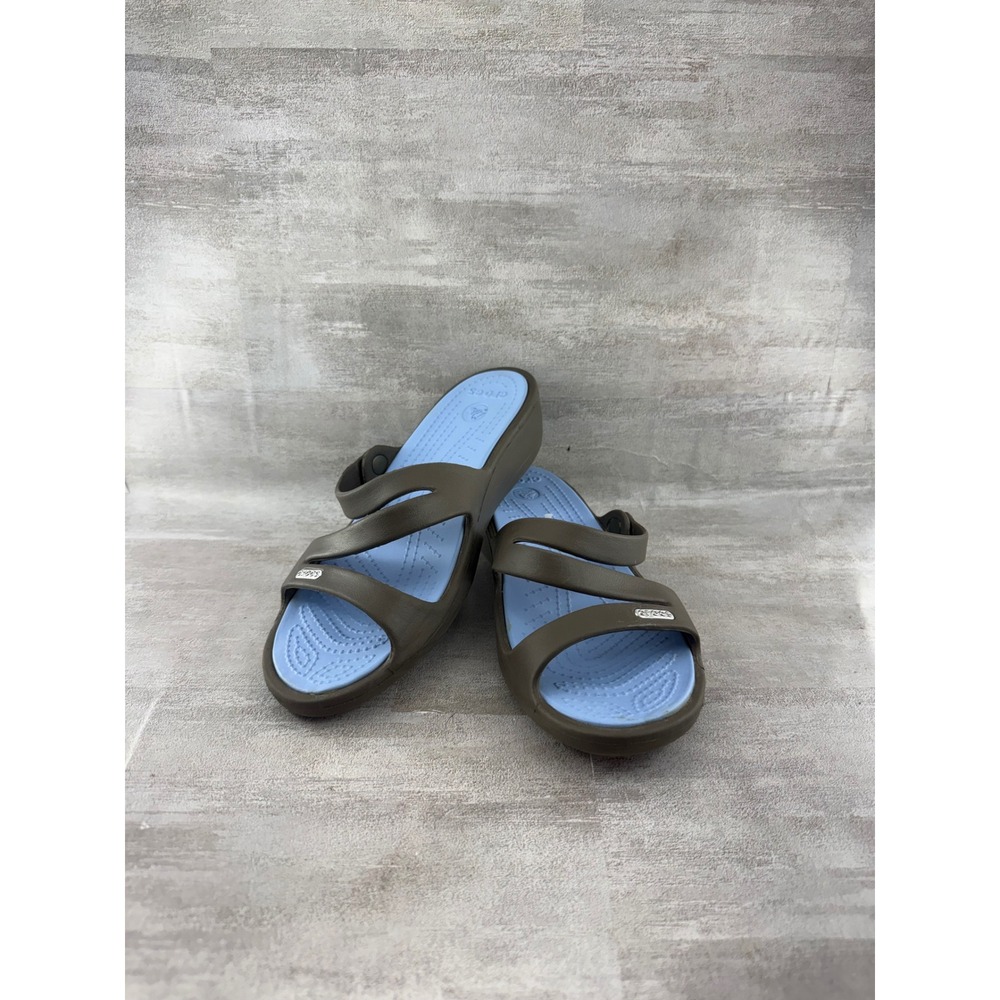 Crocs Patricia Wedge Sandals Brown Blue Strappy Comfort Slides Women Size 6